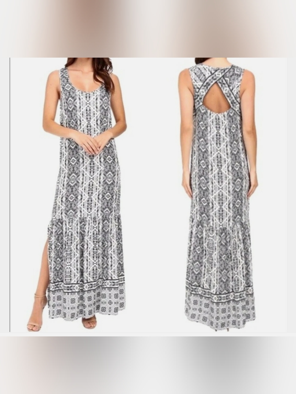 Splendid Black & White Geometric Maxi Dress with Crisscross Back